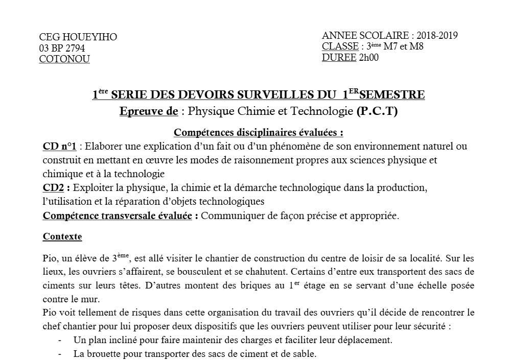 Aperçu de la première page — 3ème PCT 1er Devoir 1er Semestre CEG Houéyiho 2018 2019