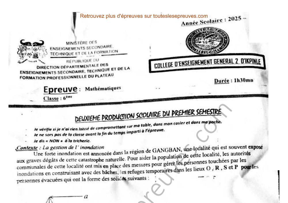 Aperçu de la première page — Mathématiques 6ème – 1er Devoir du 1er Semestre 2025 – Solides, Aires, Volumes et Géométrie – CEG 2 Ikpinlè