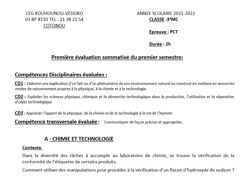 Aperçu de la première page — 3ème PCT 1er Devoir 1er Semestre CEG Kouhounou Vedoko 2021 2022