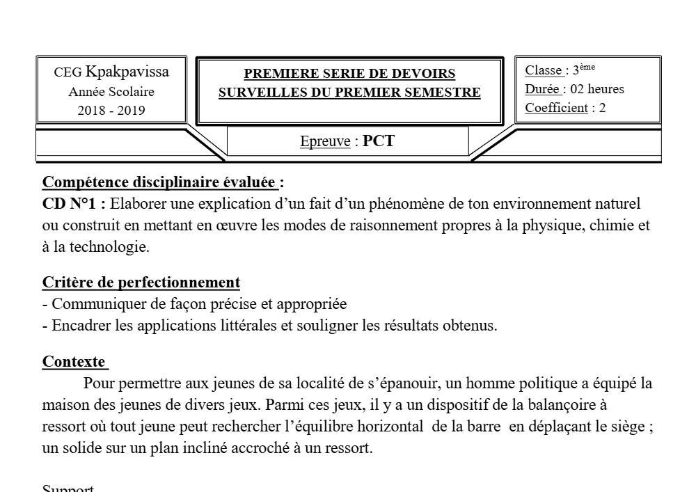 Aperçu de la première page — 3ème PCT 1er Devoir 1er Semestre CEG Kpakpavissa 2018 2019