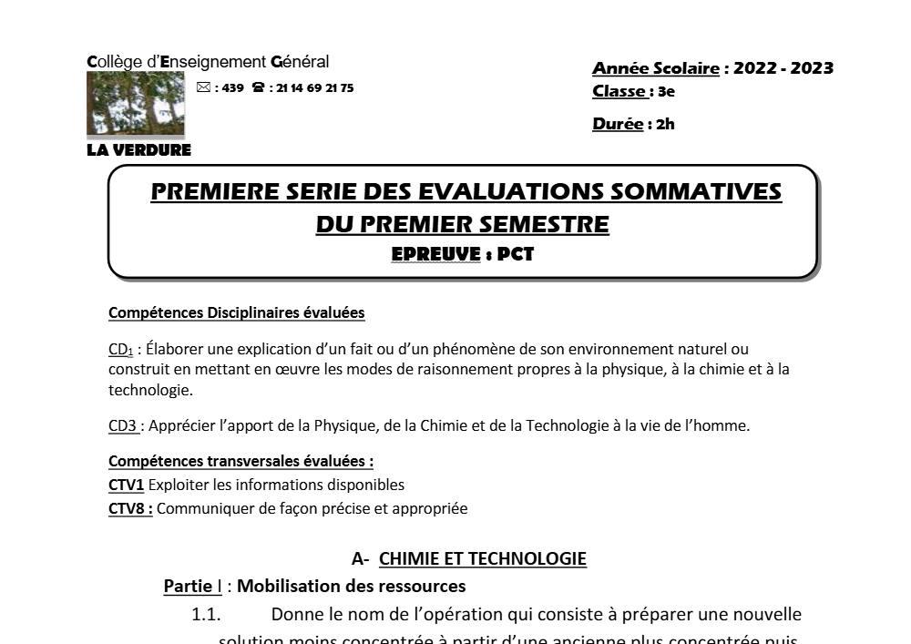 Aperçu de la première page — 3ème PCT 1er Devoir 1er Semestre CEG La Verdure 2022 2023
