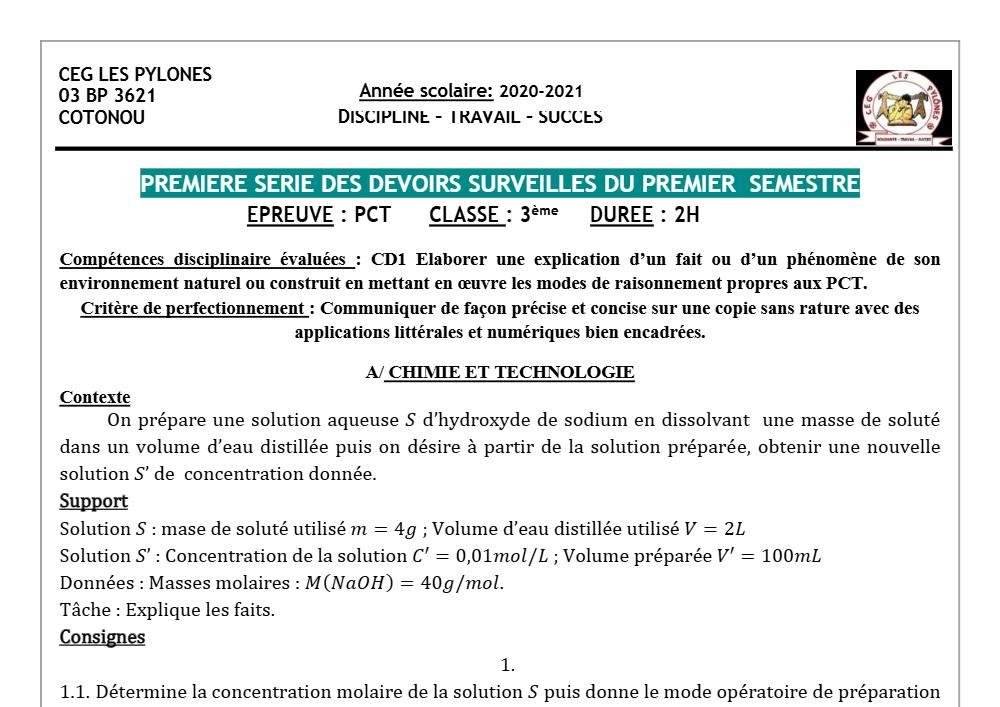 Aperçu de la première page — 3ème PCT 1er Devoir 1er Semestre CEG Les Pylônes 2020 2021