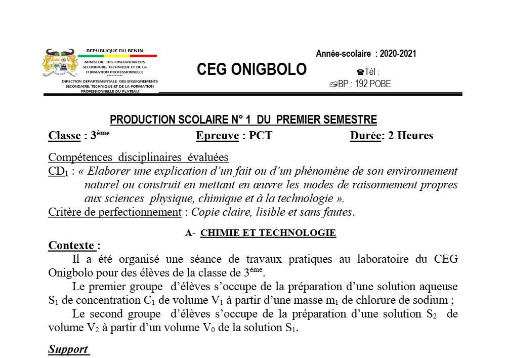 Aperçu de la première page — 3ème PCT 1er Devoir 1er Semestre CEG Onigbolo 2020 2021