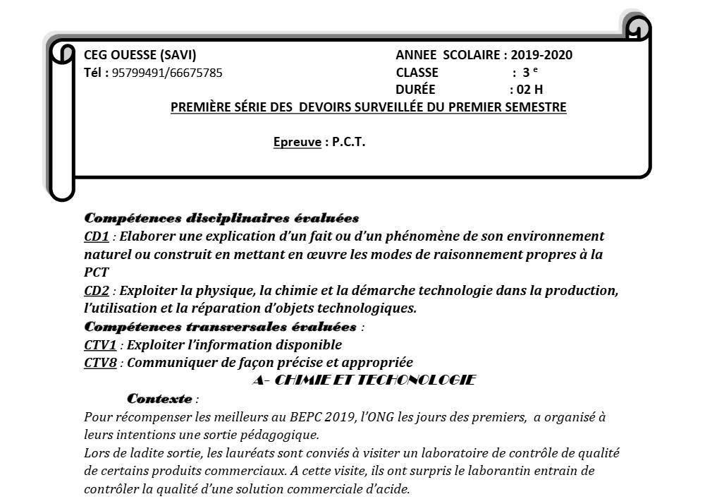 Aperçu de la première page — 3ème PCT 1er Devoir 1er Semestre CEG Ouesse 2019 2020