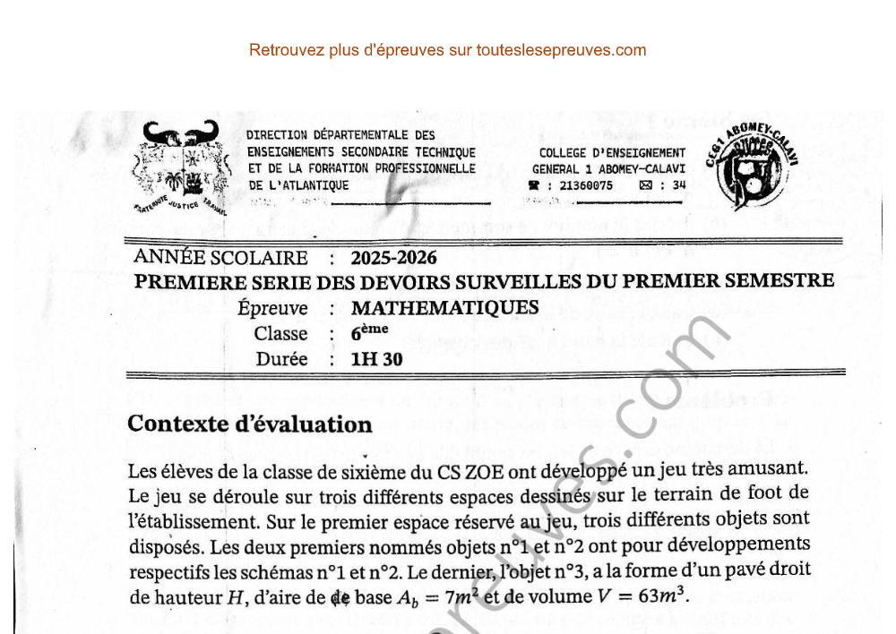 Aperçu de la première page — Mathématiques 6ème – 1er Devoir du 1er Semestre 2025 2026 – Géométrie et calculs d’aires – CEG 1 Abomey Calavi