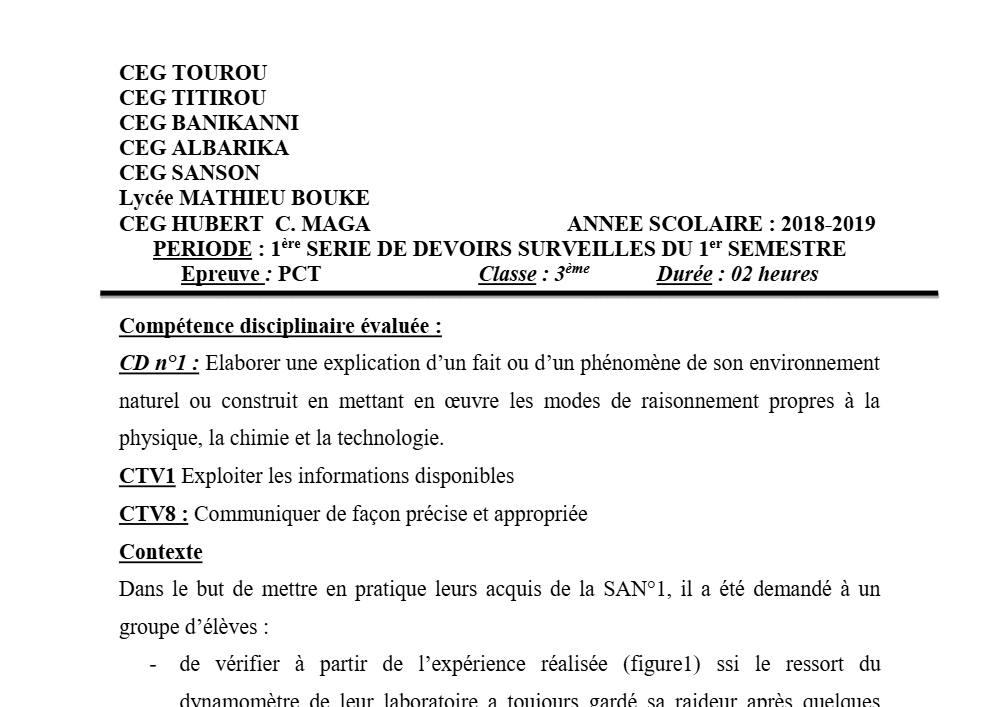 Aperçu de la première page — 3ème PCT 1er Devoir 1er Semestre CEG Tchatchou 2018 2019