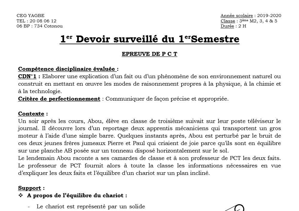 Aperçu de la première page — 3ème PCT 1er Devoir 1er Semestre CEG Yagbe 2019 2020