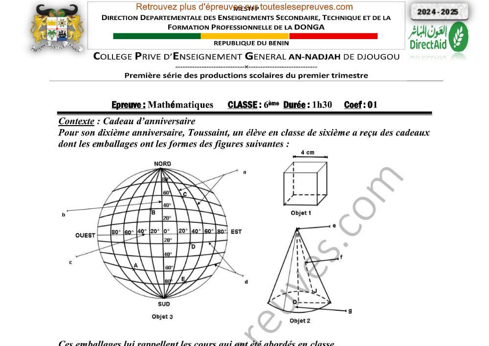 Aperçu de la première page — Mathématiques 6ème – 1er Devoir du 1er Trimestre 2024 – Solides et Coordonnées Géographiques – CPEG An Nadjah Djougou