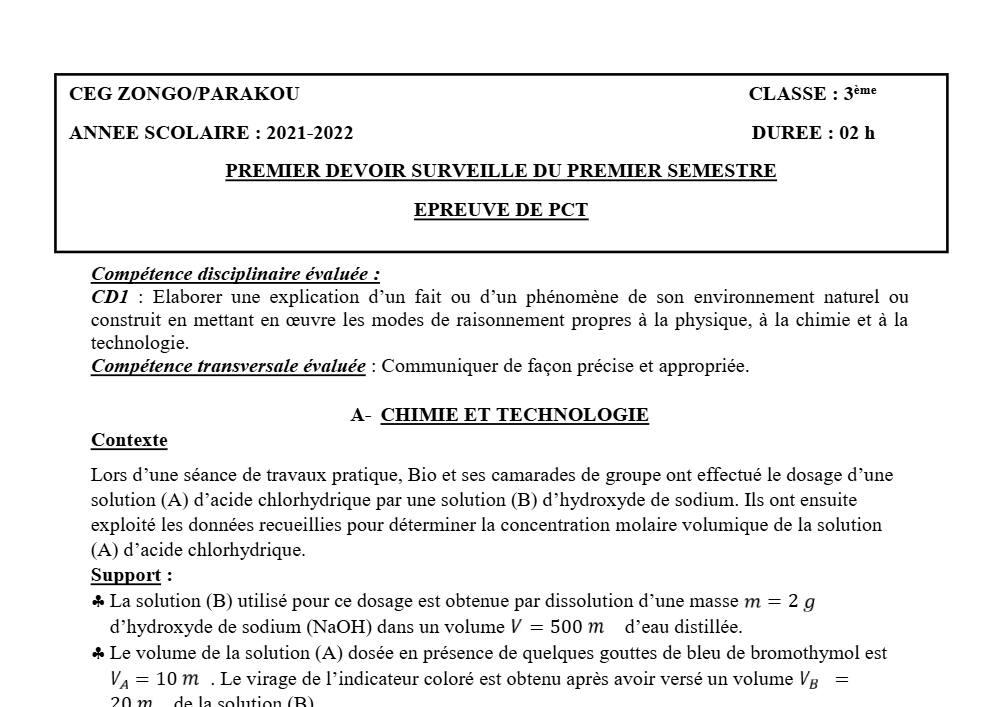 Aperçu de la première page — 3ème PCT 1er Devoir 1er Semestre CEG Zongo 2021 2022