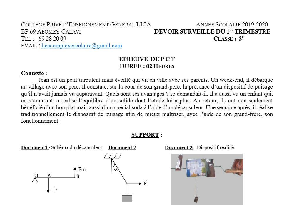 Aperçu de la première page — 3ème PCT 1er Devoir 1er Trimestre Cepg Lica 2019 2020