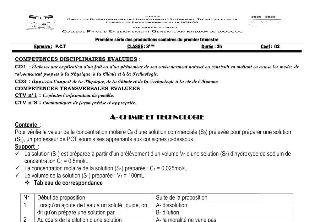 Aperçu de la première page — 3ème PCT 1er Devoir 1er Trimestre CPEG An Nadjah Djougou 2025