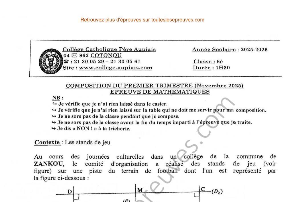 Aperçu de la première page — Mathématiques 6ème – Composition du 1er trimestre 2025 2026 – Géométrie et calculs sur cercle et triangle – Collège Catholique Père Aupiais