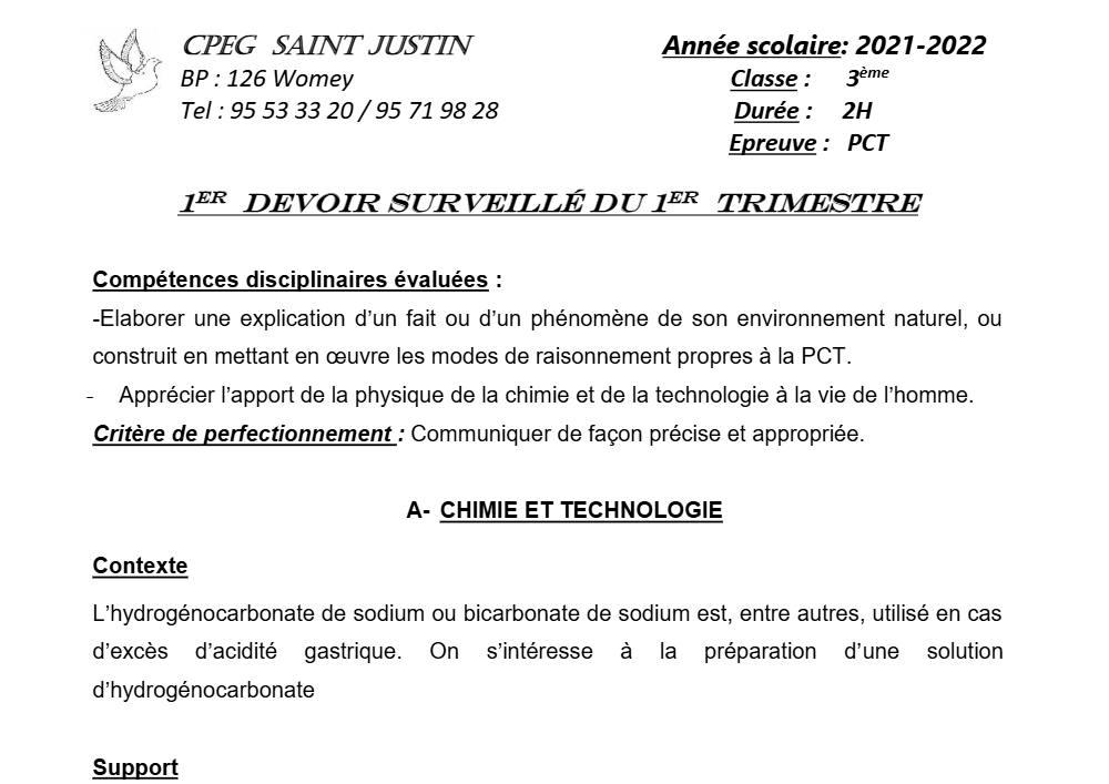 Aperçu de la première page — 3ème PCT 1er Devoir 1er Trimestre CPEG Saint Justin 2021 2022 (2)