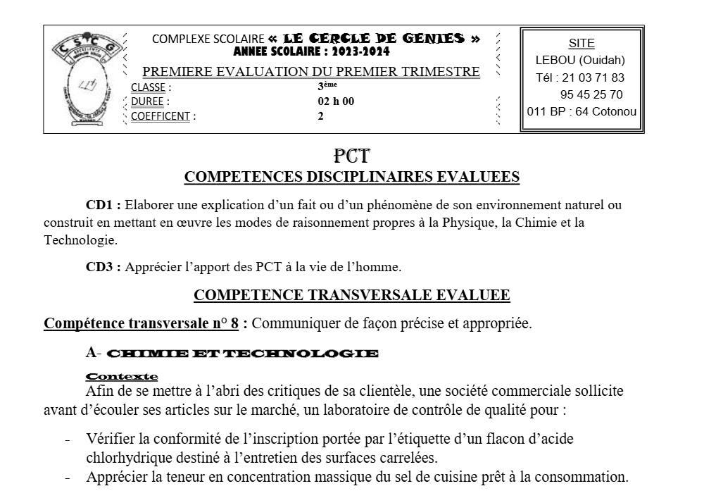 Aperçu de la première page — 3ème PCT 1er Devoir 1er Trimestre CP Le Cercle de Genies 2023 2024