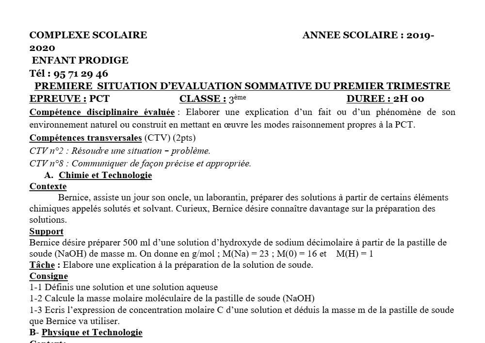 Aperçu de la première page — 3ème PCT 1er Devoir 1er Trimestre CS Enfant Prodige 2019 2020