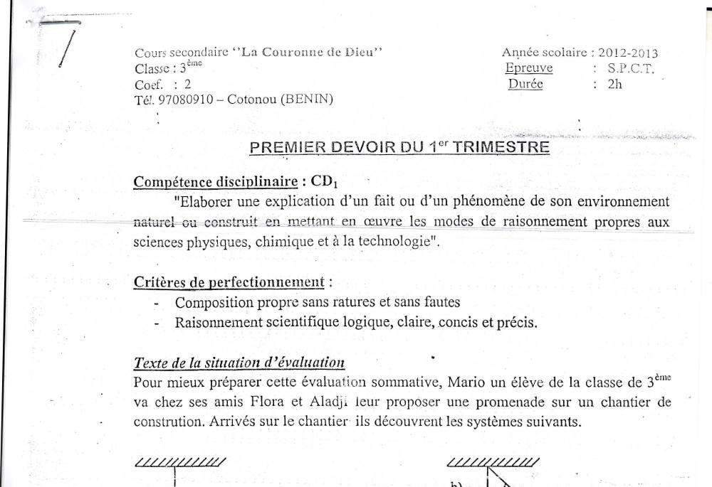 Aperçu de la première page — 3ème PCT 1er Devoir 1er Trimestre CS La Couronne de Dieu 2013 2014