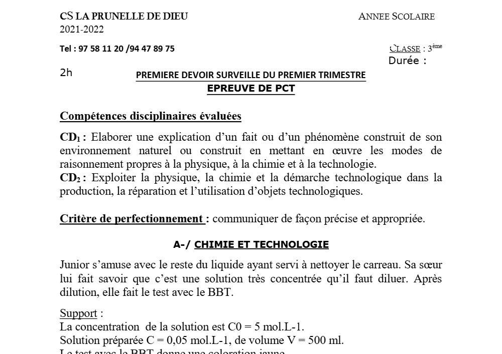 Aperçu de la première page — 3ème PCT 1er Devoir 1er Trimestre CS La Prunelle de Dieu 2021 2022