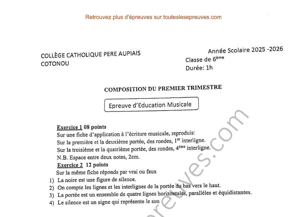 Aperçu de la première page — Musique 6ème – Composition du 1er trimestre 2025 2026 – Écriture musicale et figures rythmiques – Collège Catholique Père Aupiais