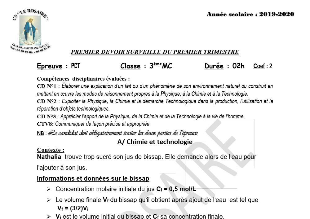 Aperçu de la première page — 3ème PCT 1er Devoir 1er Trimestre CS Le Rosaire 2019 2020