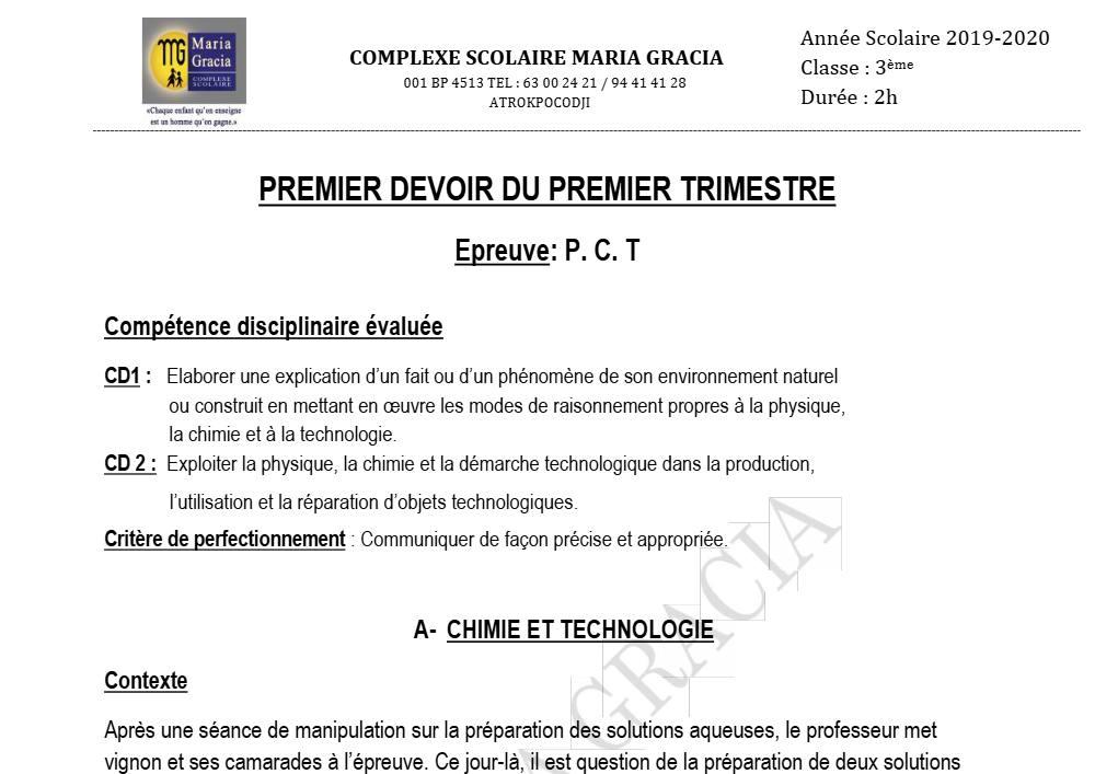 Aperçu de la première page — 3ème PCT 1er Devoir 1er Trimestre CS Maria Gracia 2019 2020