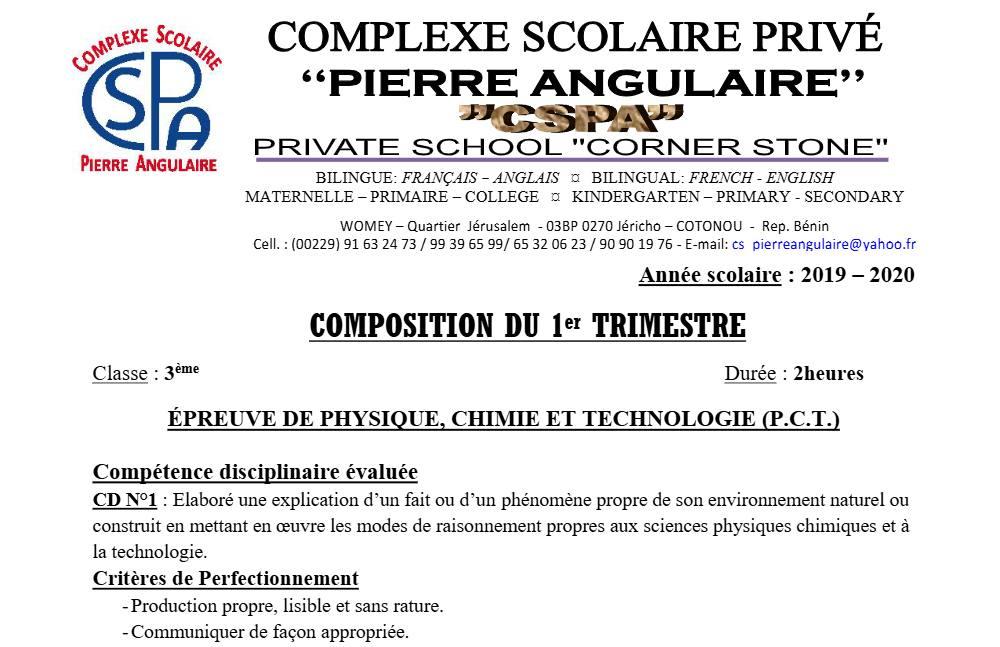 Aperçu de la première page — 3ème PCT 1er Devoir 1er Trimestre CS Pierre Angulaire 2019 2020