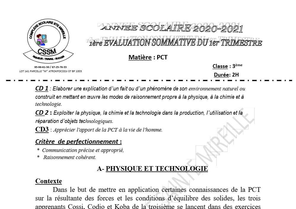 Aperçu de la première page — 3ème PCT 1er Devoir 1er Trimestre CS Ste Mireille 2020 2021