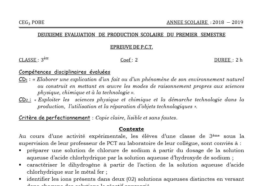 Aperçu de la première page — 3ème PCT 1er Devoir 2ème Semestre CEG3 Pobè 2018 2019