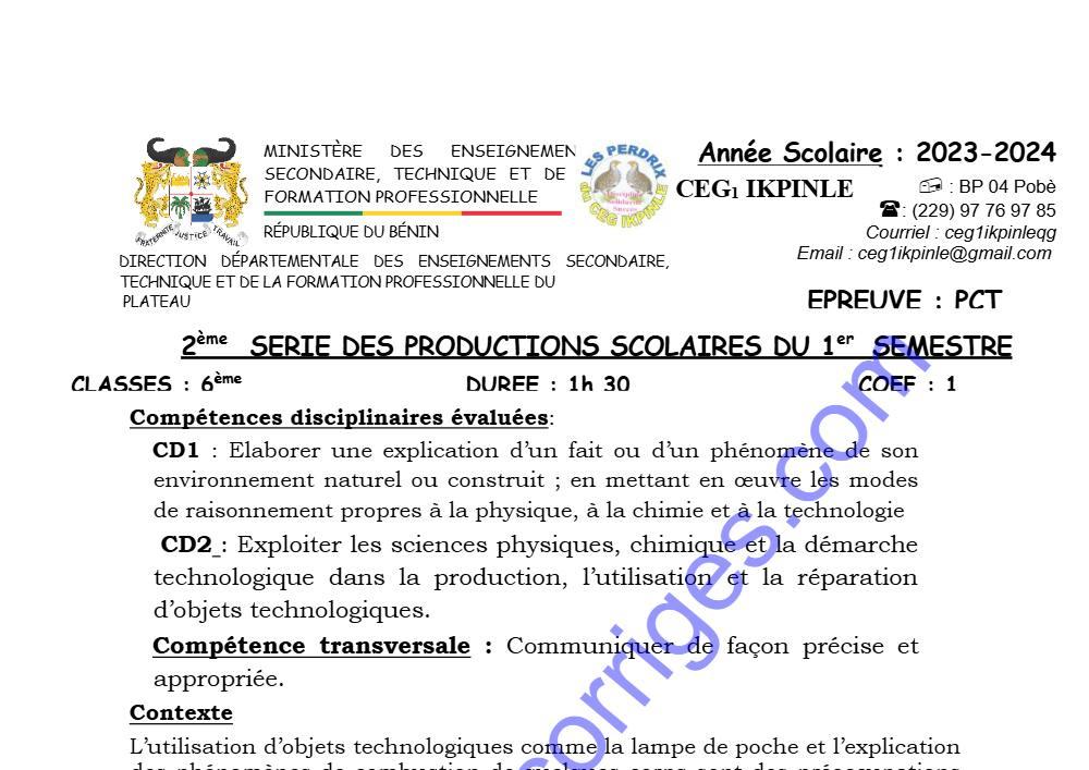 Aperçu de la première page — PCT 6EME 2EME DEVOIR DU 1ER SEMESTRE 2023 2024 CEG1 IKPINLE