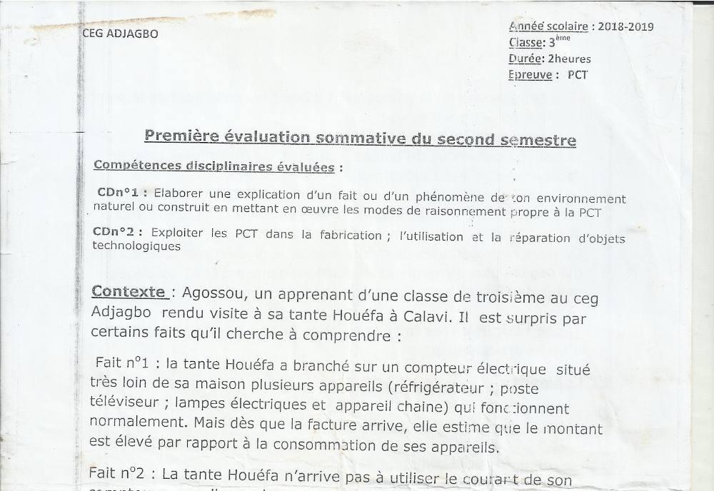 Aperçu de la première page — 3ème PCT 1er Devoir 2ème Semestre CEG Adjagbo 2018 2019