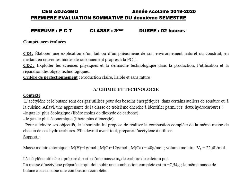 Aperçu de la première page — 3ème PCT 1er Devoir 2ème Semestre CEG Adjagbo 2019 2020