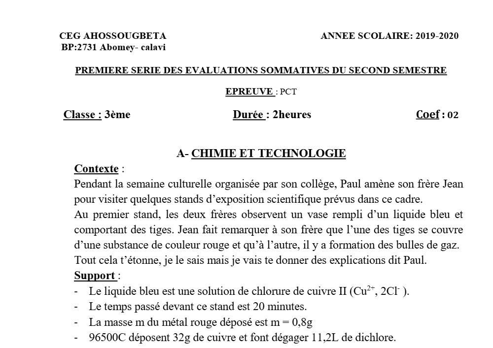 Aperçu de la première page — 3ème PCT 1er Devoir 2ème Semestre CEG Ahossougbéta 2019 2020