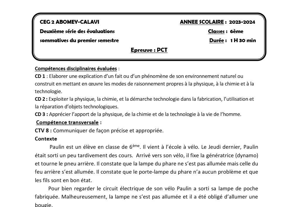 Aperçu de la première page — PCT 6EME 2EME DEVOIR DU 1ER SEMESTRE 2023 2024 CEG2 ABOMEY CALAVI