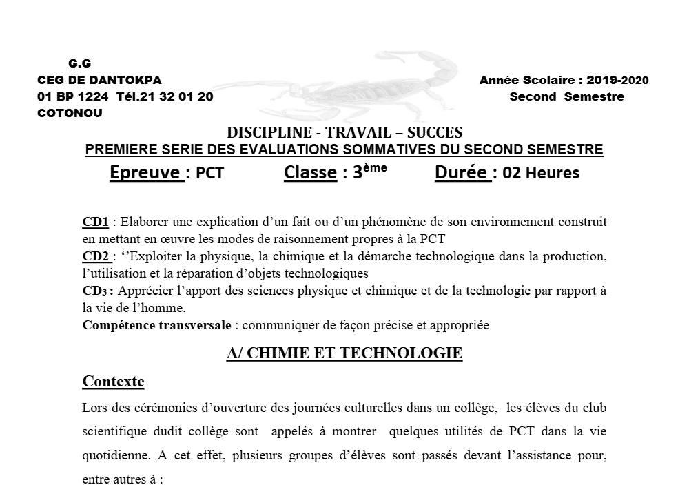 Aperçu de la première page — 3ème PCT 1er Devoir 2ème Semestre CEG Dantokpa 2019 2020