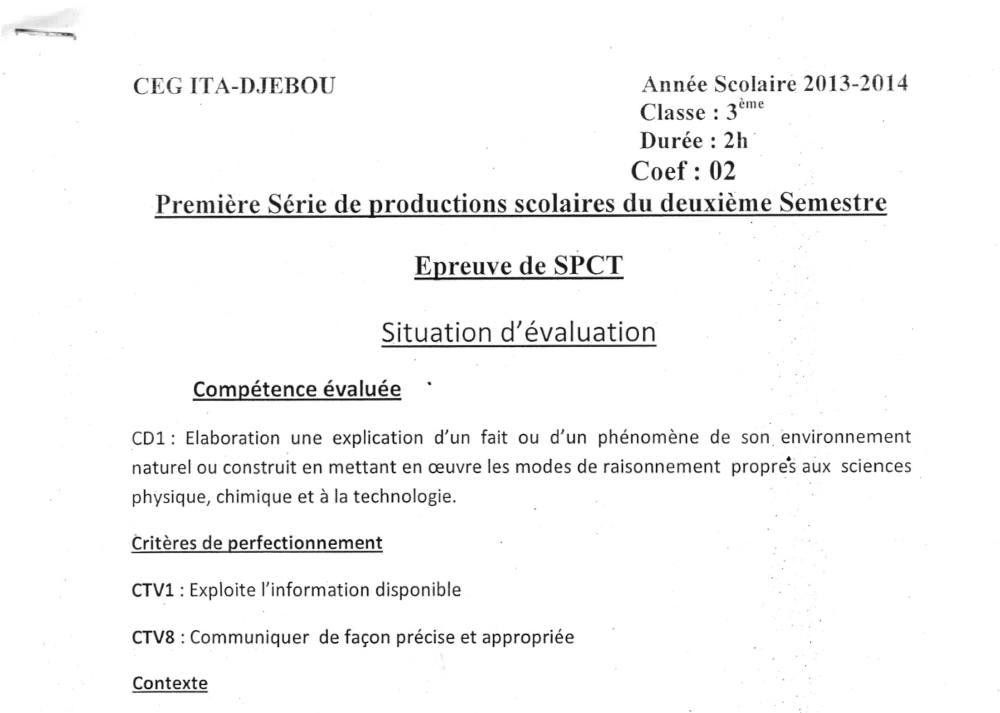 Aperçu de la première page — 3ème PCT 1er Devoir 2ème Semestre CEG Ita Djebou 2013 2014