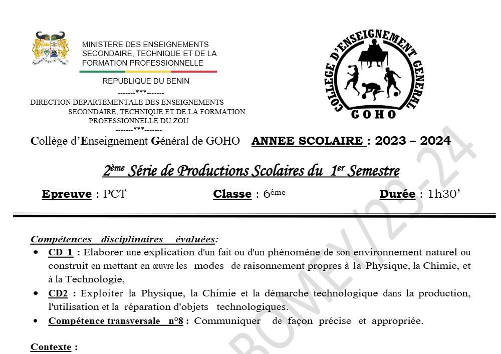 Aperçu de la première page — PCT 6EME 2EME DEVOIR DU 1ER SEMESTRE 2023 2024 CEG GOHO ABOMEY