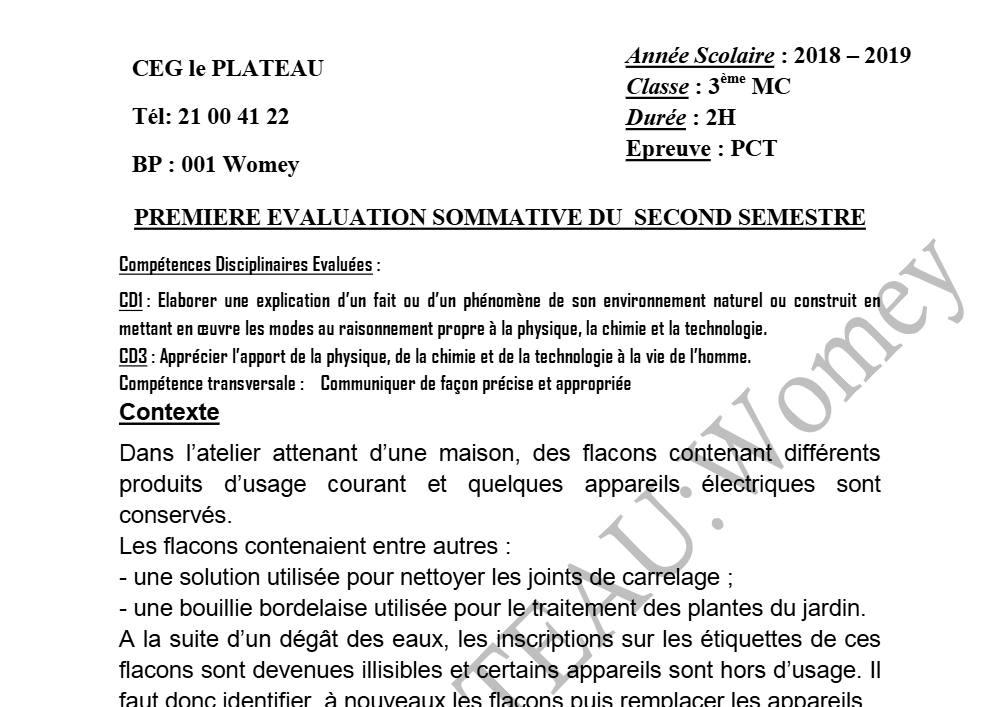 Aperçu de la première page — 3ème PCT 1er Devoir 2ème Semestre CEG Le Plateau 2018 2019