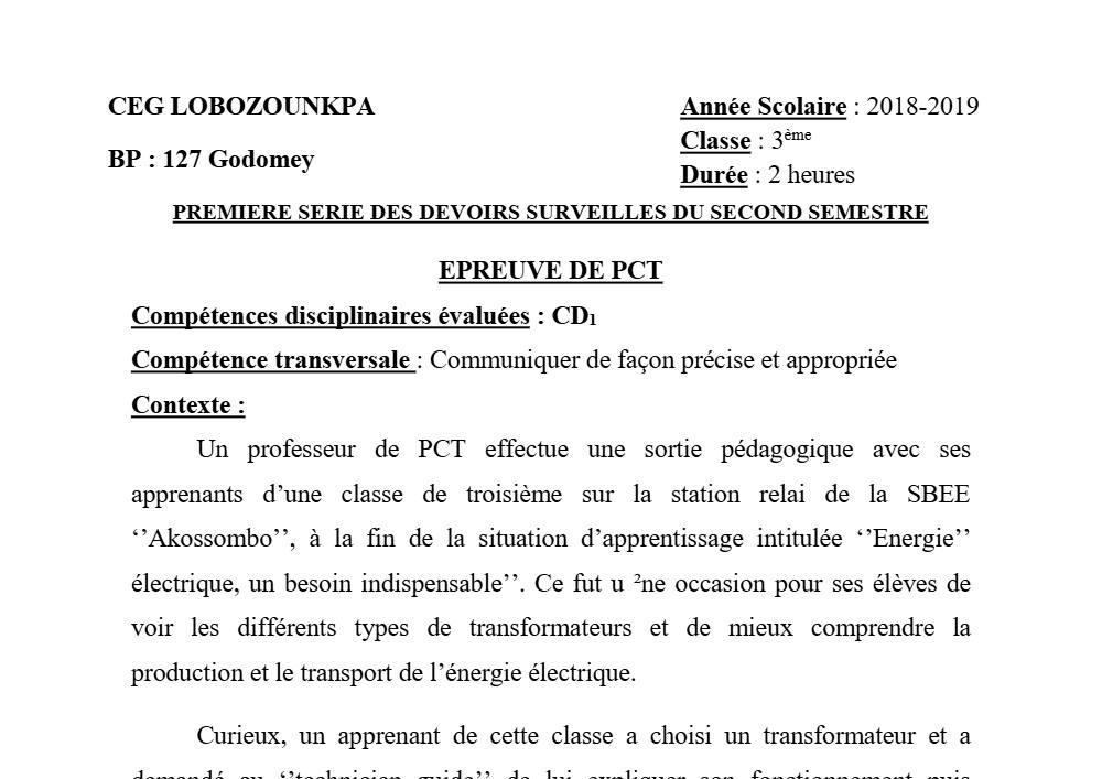 Aperçu de la première page — 3ème PCT 1er Devoir 2ème Semestre CEG Lobozounkpa 2018 2019