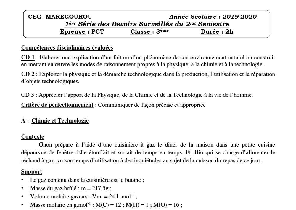 Aperçu de la première page — 3ème PCT 1er Devoir 2ème Semestre CEG Maregourou 2019 2020