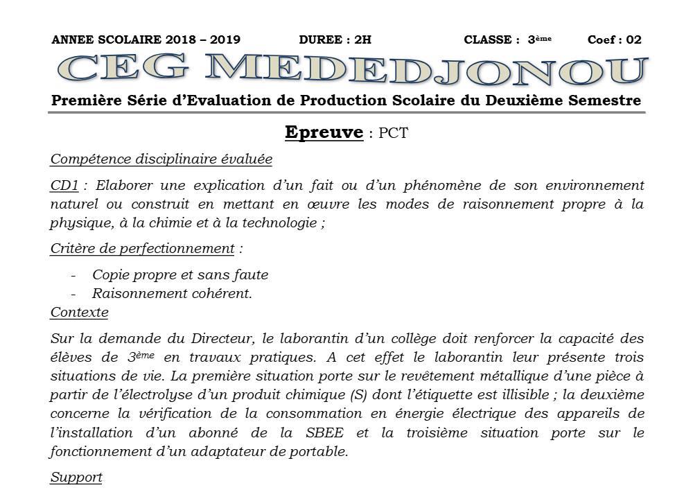 Aperçu de la première page — 3ème PCT 1er Devoir 2ème Semestre CEG Mededjonou 2018 2019