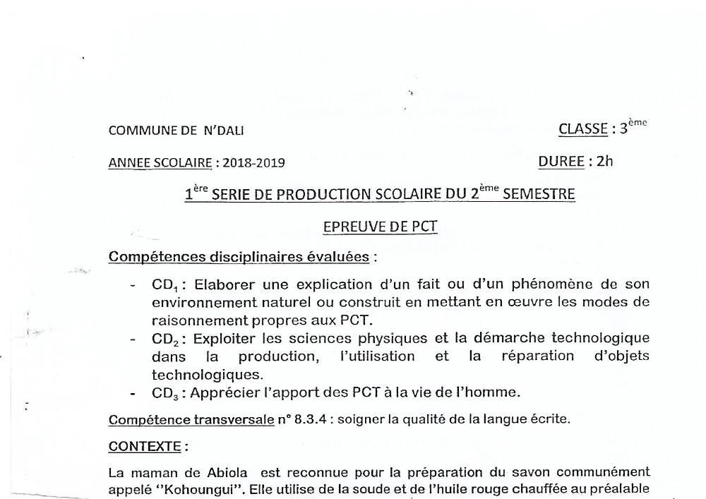 Aperçu de la première page — 3ème PCT 1er Devoir 2ème Semestre CEG N'Dali 2018 2019