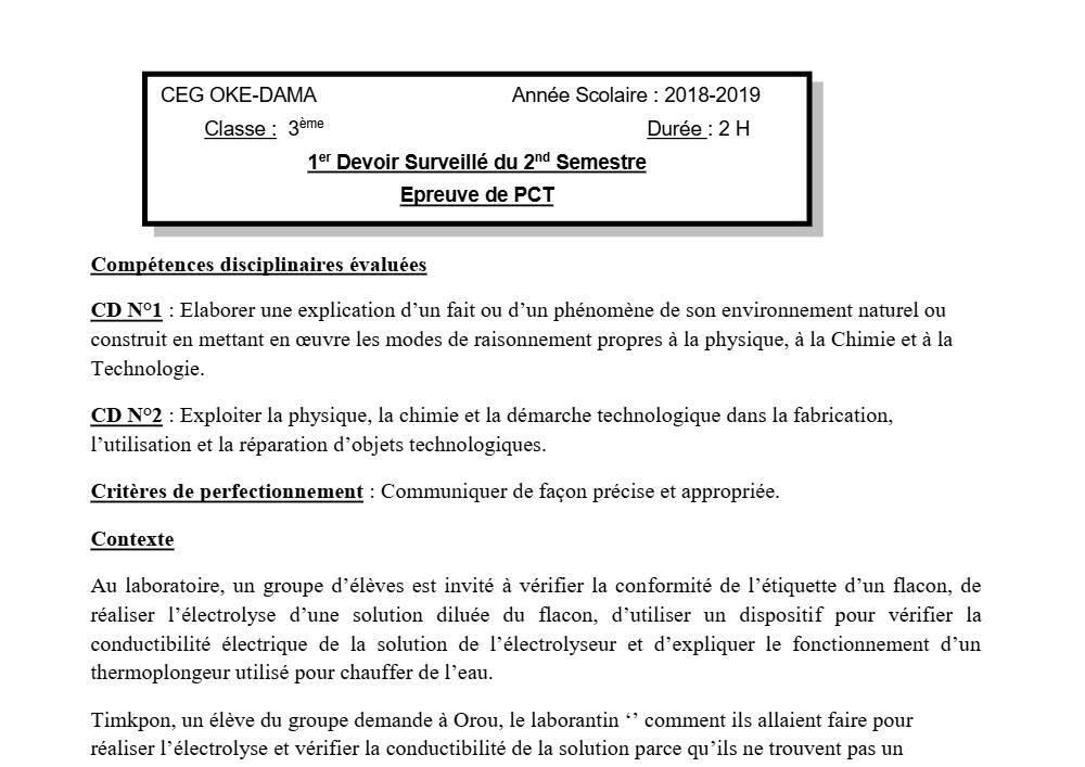 Aperçu de la première page — 3ème PCT 1er Devoir 2ème Semestre CEG Okedama 2018 2019