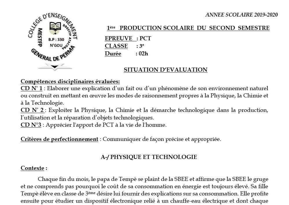Aperçu de la première page — 3ème PCT 1er Devoir 2ème Semestre CEG Perma 2019 2020