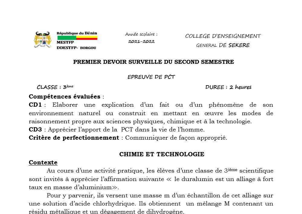 Aperçu de la première page — 3ème PCT 1er Devoir 2ème Semestre CEG Sékéré 2021 2022