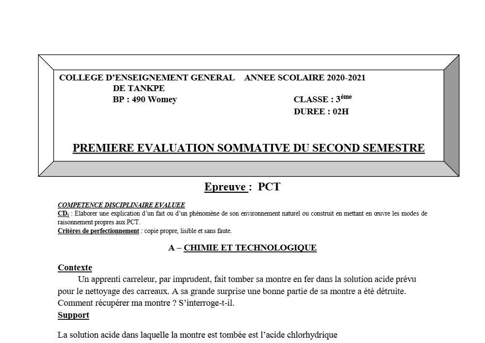 Aperçu de la première page — 3ème PCT 1er Devoir 2ème Semestre CEG Tankpè 2020 2021