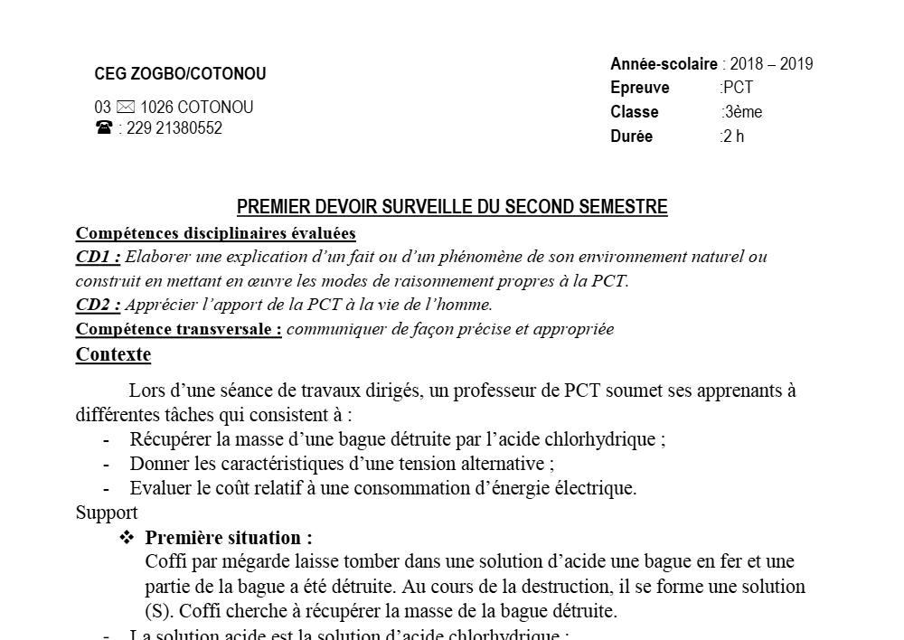 Aperçu de la première page — 3ème PCT 1er Devoir 2ème Semestre CEG Zogbo 2018 2019
