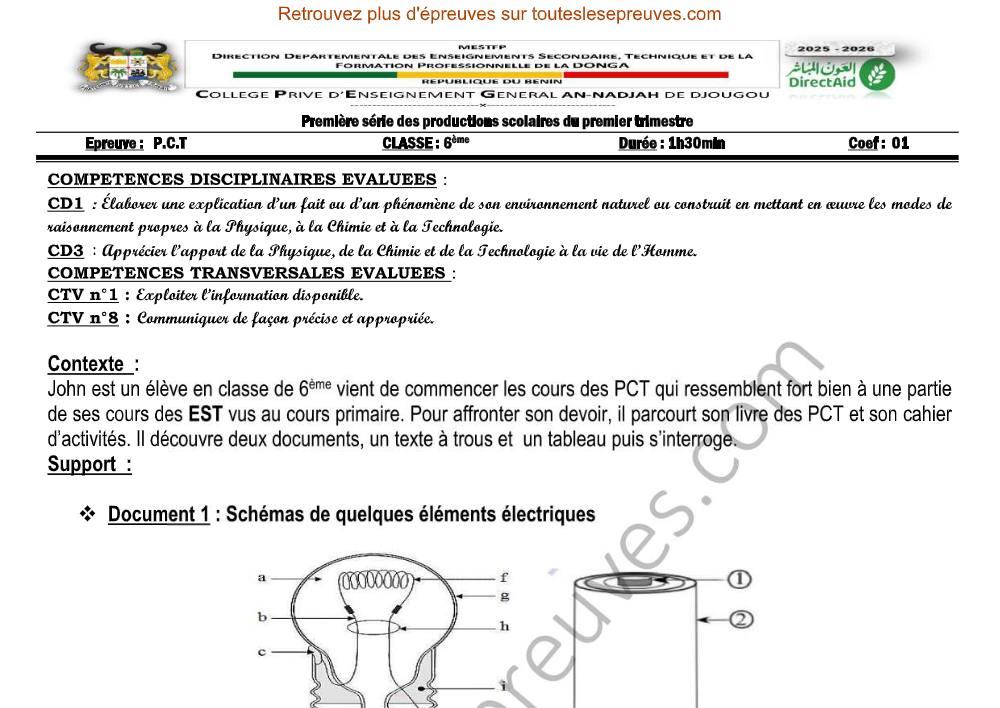 Aperçu de la première page — PCT 6ème – 1er Devoir du 1er Trimestre 2025 – Circuit Électrique Simple et Composants – CPEG An Nadjah Djougou