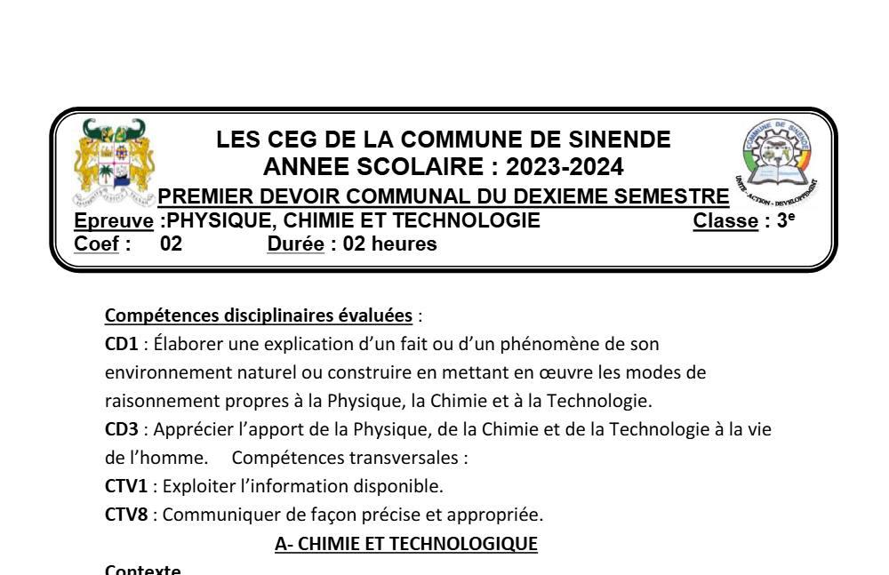 Aperçu de la première page — 3ème PCT 1er Devoir 2ème Semestre Commune Sinende 2023 2024