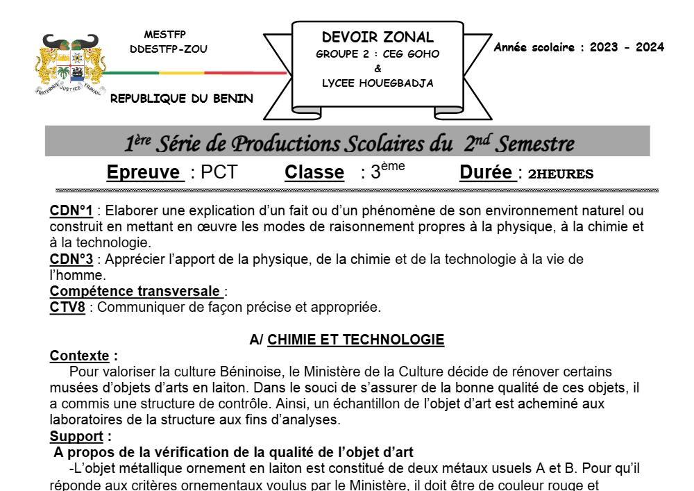 Aperçu de la première page — 3ème PCT 1er Devoir 2ème Semestre de CEG Goho 2023 2024