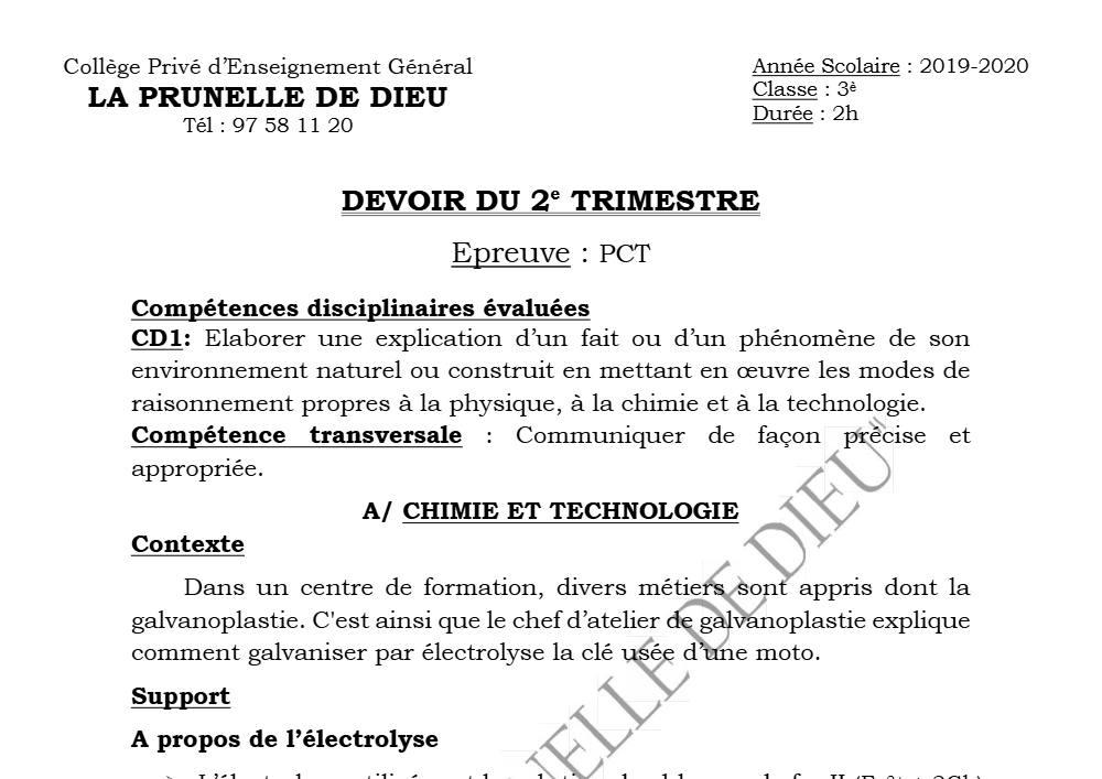 Aperçu de la première page — 3ème PCT 1er Devoir 2ème Trimestre CPEG La Prunelle de Dieu 2019 2020