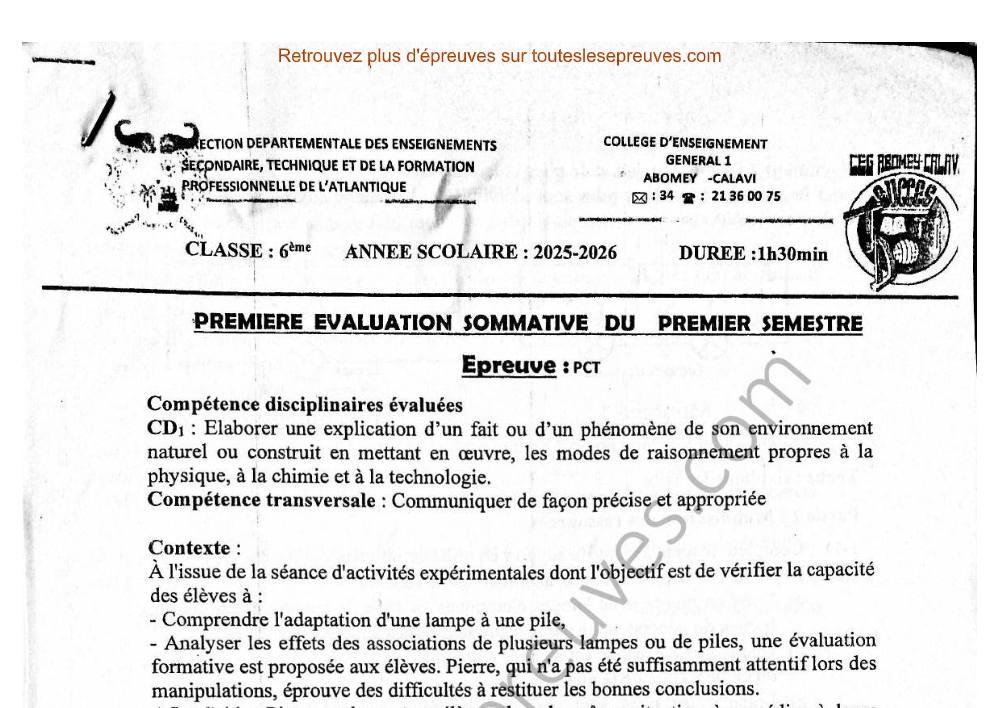 Aperçu de la première page — PCT 6ème – 1ère Évaluation du 1er Semestre 2025 2026 – Lampes, piles et circuits électriques – CEG 1 Abomey Calavi